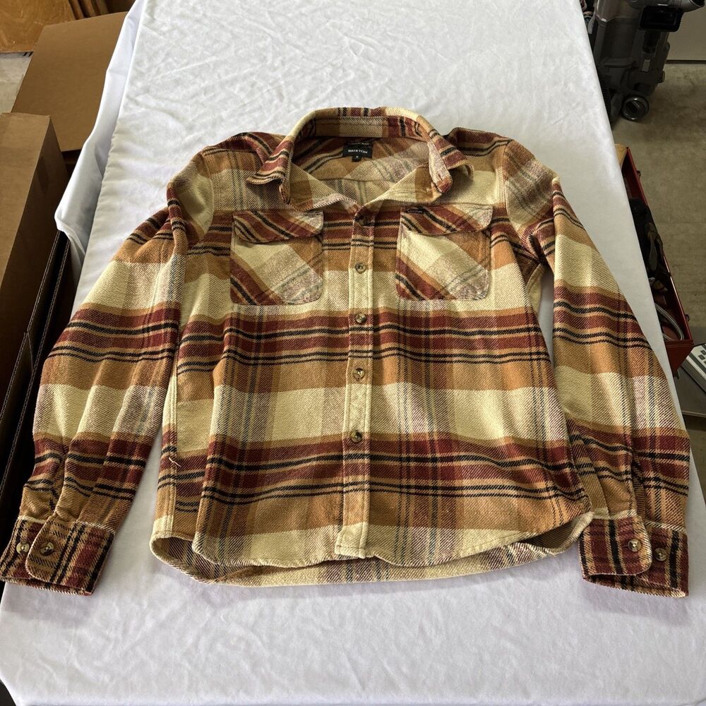 Brixton Bowery Plaid Flannel Shirt Mens Small Brown Rust Gold Long Sleeve - Picture 2 of 13